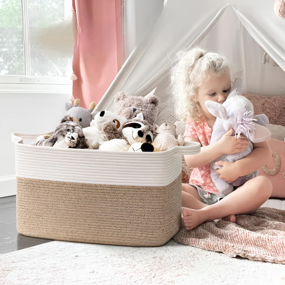 Bomullssnöre Förvaringskorg Rektangulär 65L – Generös Tvättkorg & Leksakslåda – 55x38x30cm Brun