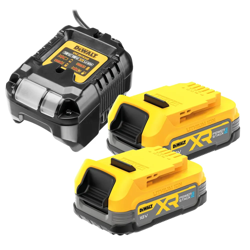 Sats med 2 Dewalt DCBP034 18V 1.7Ah PowerStack-batterier + DCB1102 batteriladdare
