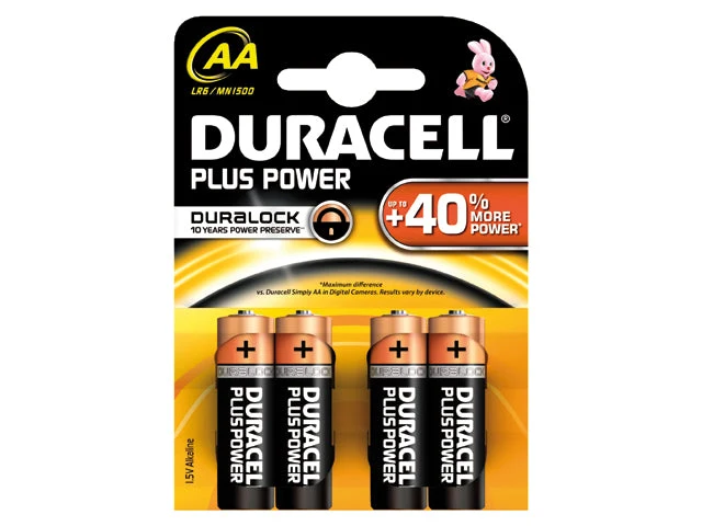 Duracell, Plus MN1500 AA-batterier, 4-pack, läckagesäkra