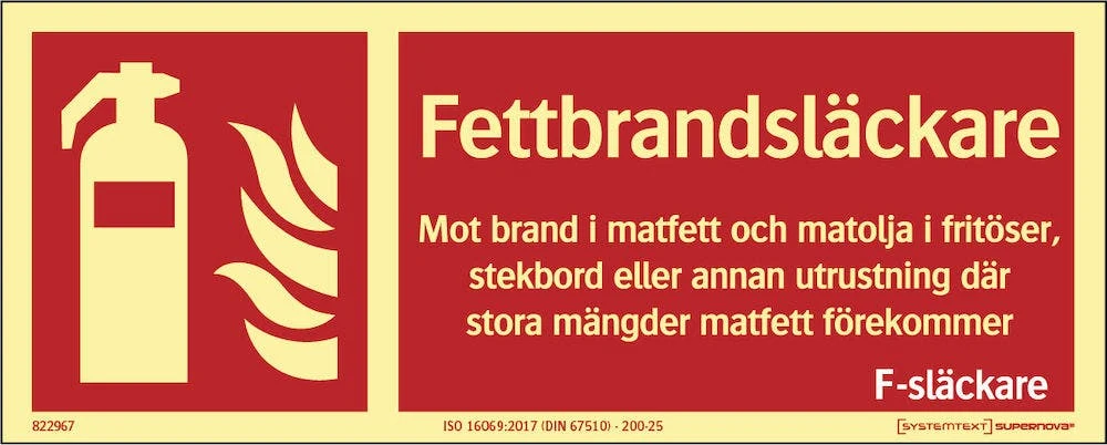 Färgefterlysande Brandskylt "Fettbrandsläckare" - Supernova®