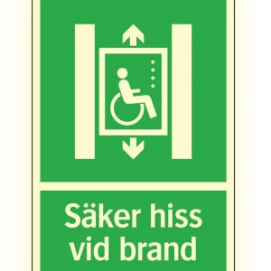 Färgefterlysande skylt "Säker hiss vid brand" - Supernova®