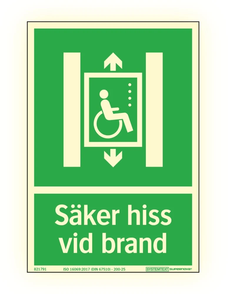 Färgefterlysande skylt "Säker hiss vid brand" - Supernova®