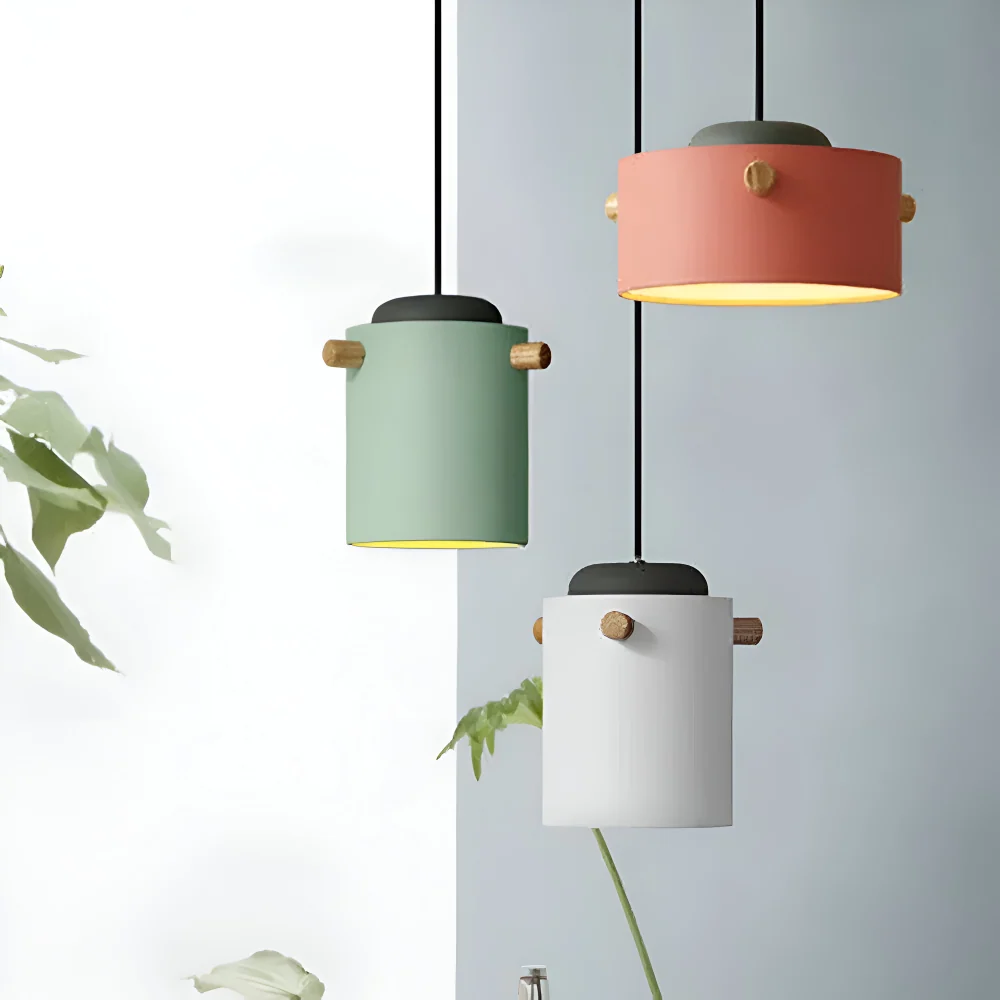 CylinBright Pendellampa - Skandinavisk trä & järn Färgglad LED Hänglampa 15cm