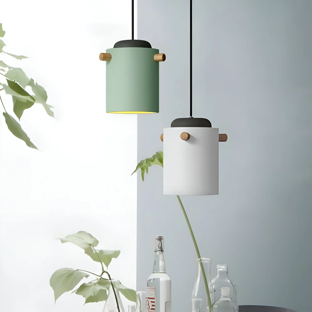 CylinBright Pendellampa - Skandinavisk trä & järn Färgglad LED Hänglampa 15cm