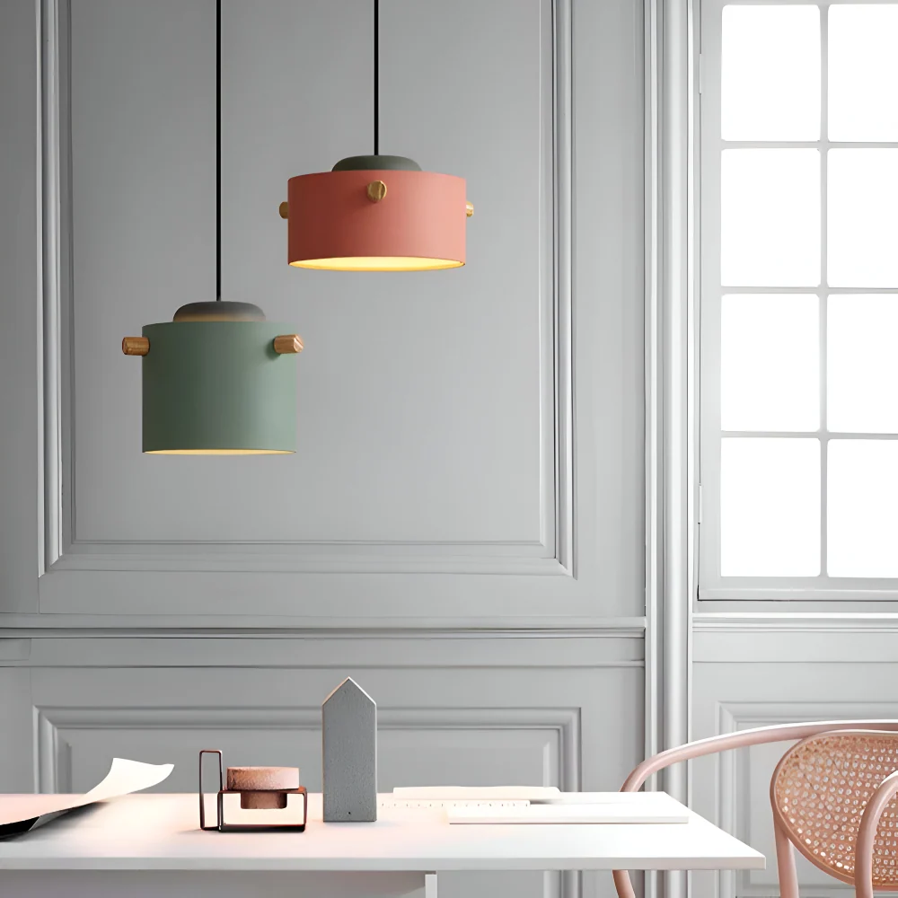 CylinBright Pendellampa - Skandinavisk trä & järn Färgglad LED Hänglampa 15cm