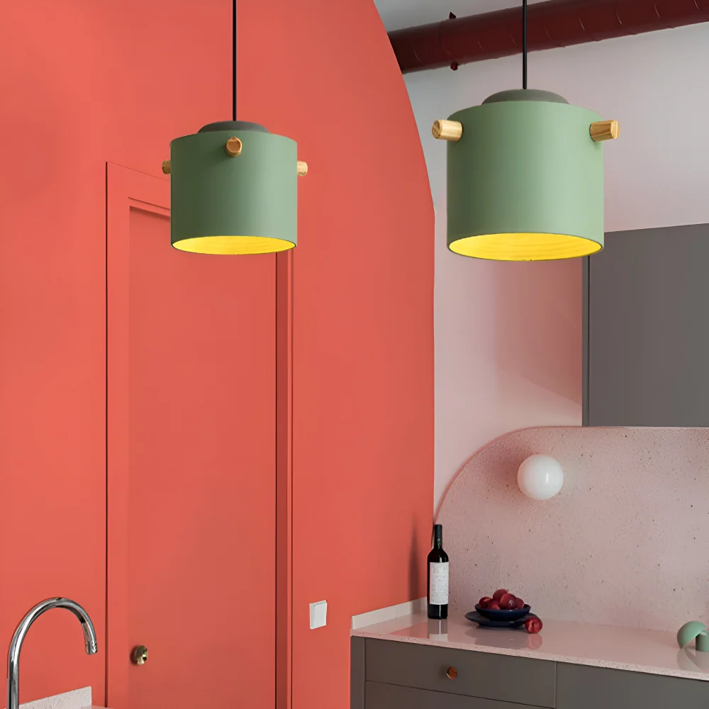 CylinBright Pendellampa - Skandinavisk trä & järn Färgglad LED Hänglampa 15cm