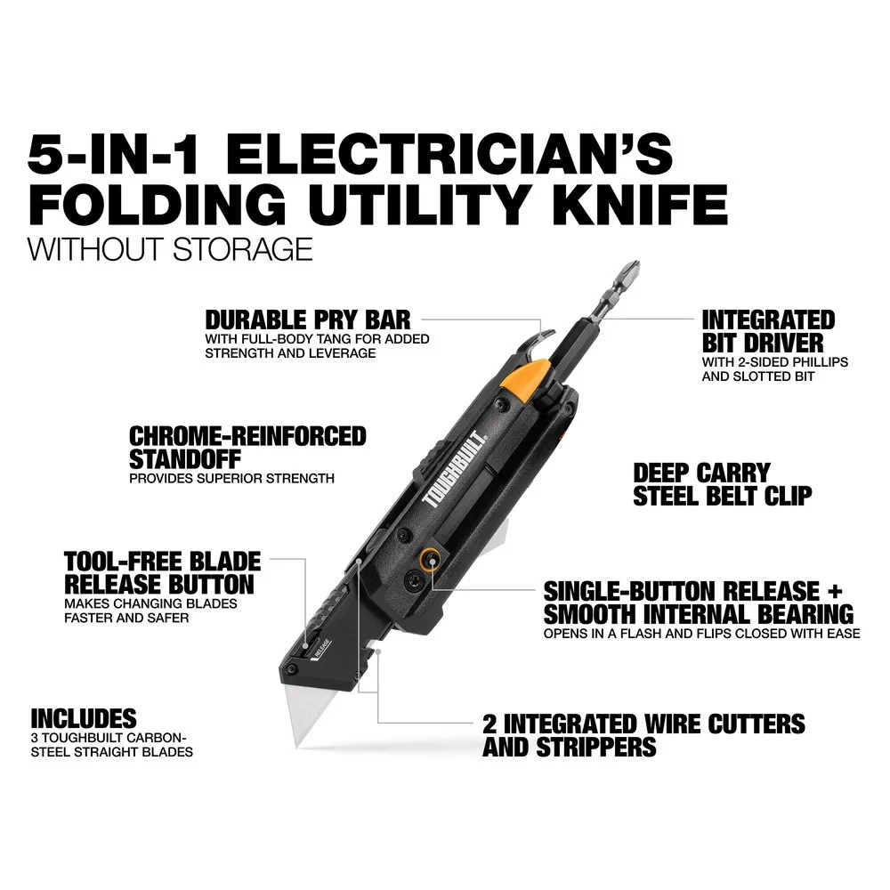 Toughbuilt 5--1 Electrician's Folding Utility Knife med bitshållare och brytverktyg TB-H4-12-IM
