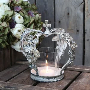 Ljusstake Krona med rosor H22 / Ø18 cm antik creme