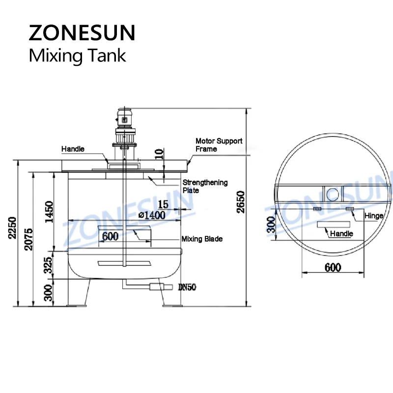 ZONESUN ZS-PPMT1500L PP Mixing Tank Corrosive Liquid