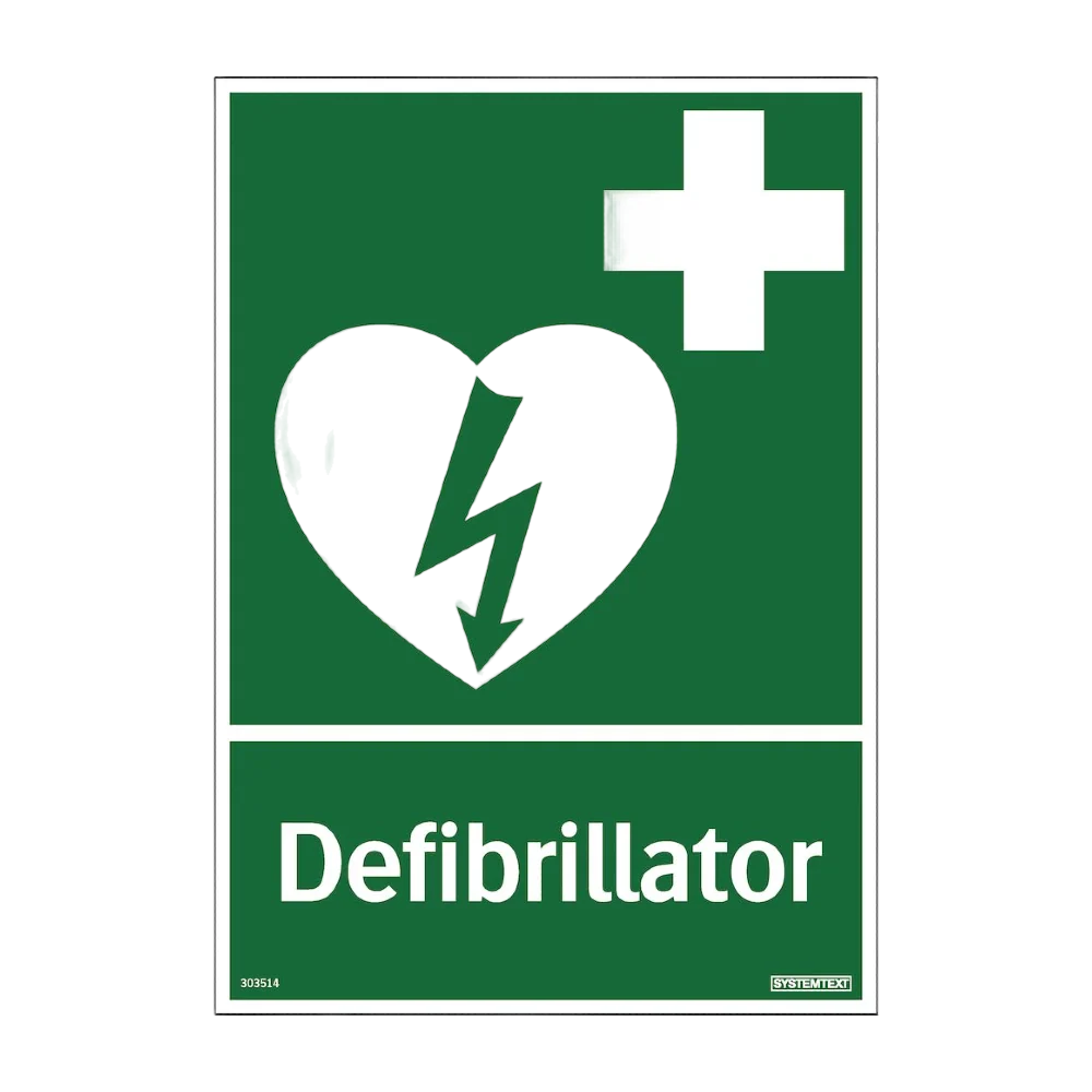 Första hjälpen skylt "Defibrillator" Systemtext