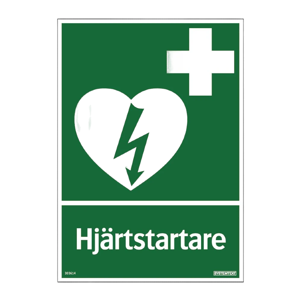 Första hjälpen skylt "Hjärtstartare" Systemtext