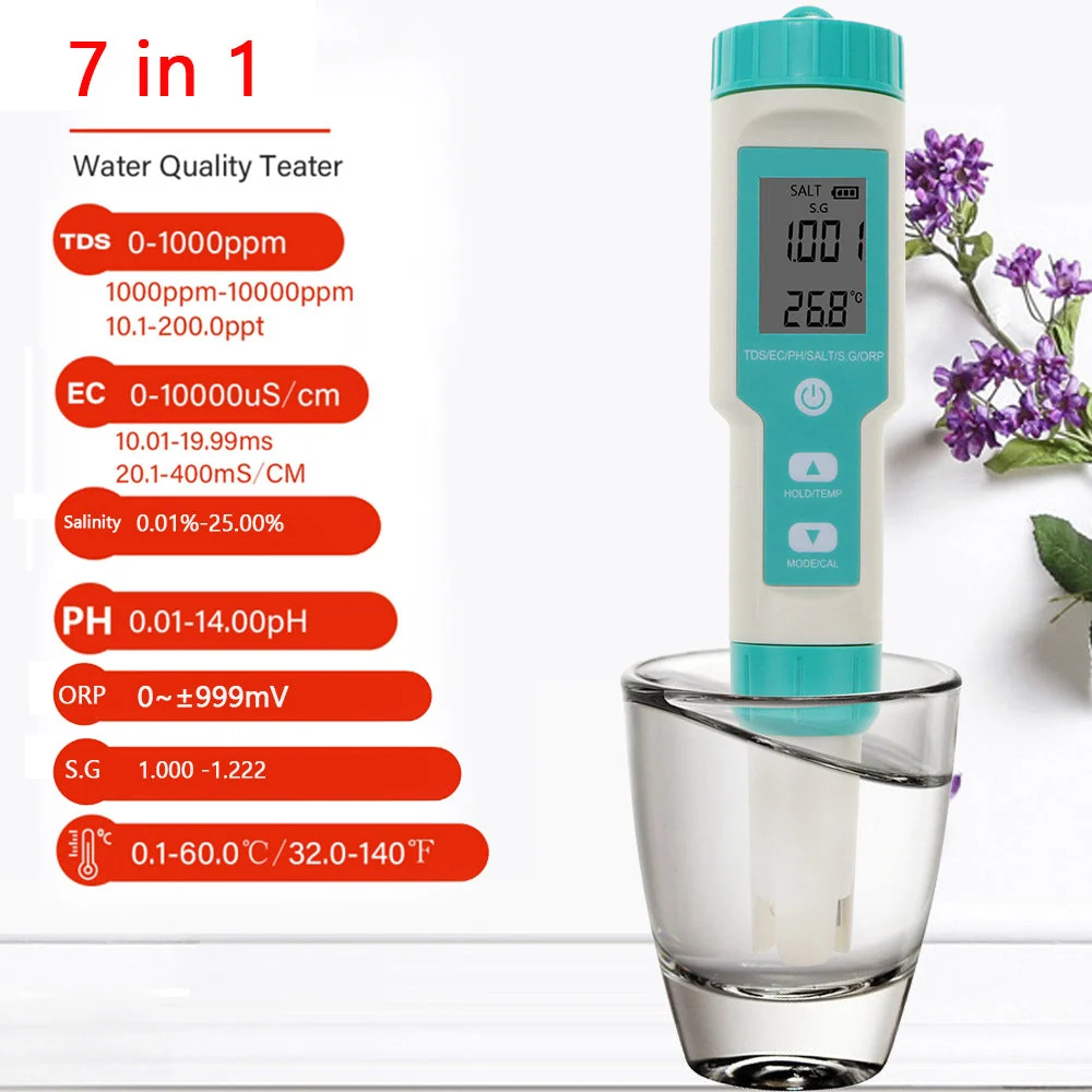 7 i 1 digital salthalt PH TDS TEMP SG EC ORP Tester Vattenkvalitetsmätare