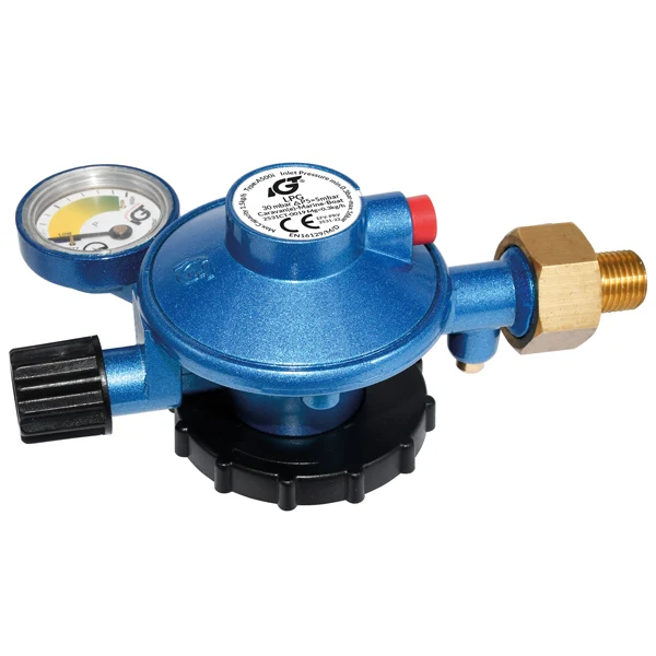 IGT, Gasregulator 2 kg för gasflaskor, M14x1,5 / 1/4 ut, med tryckmätare och PRV säkerhetsventil, EN16129-D-M