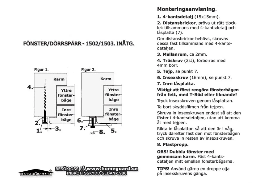 HG1502, Fönsterspärr, åtgående enkelfönster