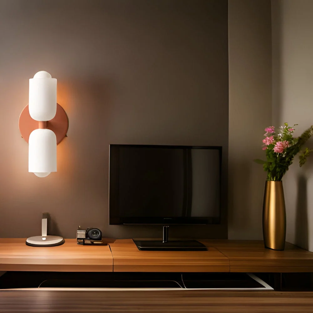 DualGlow – Vägglampa med Två Huvuden i Akryl & Alloy för Modern Inomhusbelysning Beige