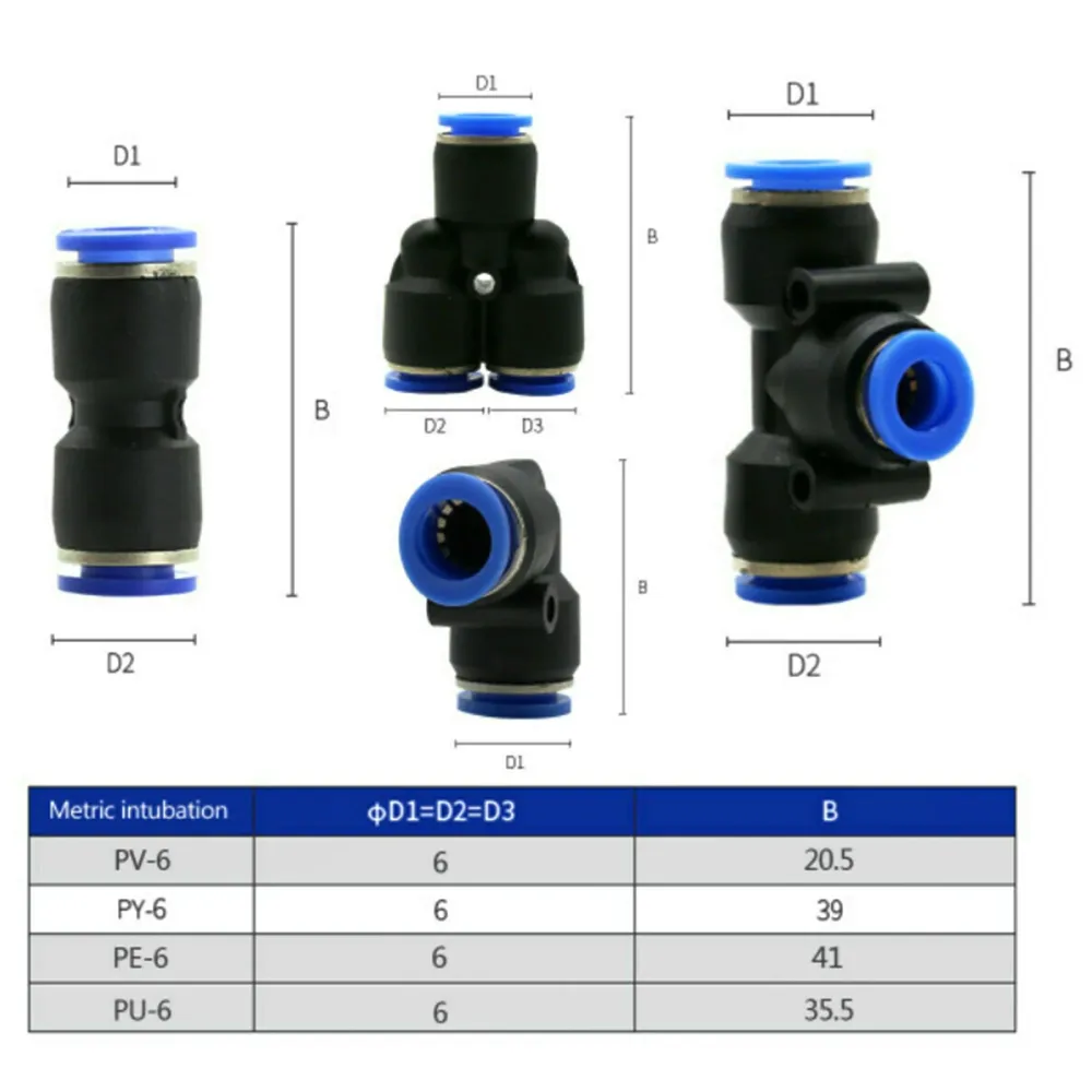 40 st snabba 6 mm ytterdiameter 1/4" Plast pneumatiska tryckkopplingar luftledningskopplingar