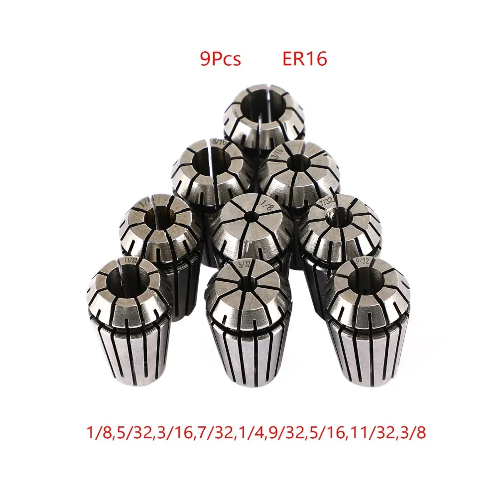 9st ER16 Spring Collet Set för CNC Milling Lathe Tool Gravering Machine Steel