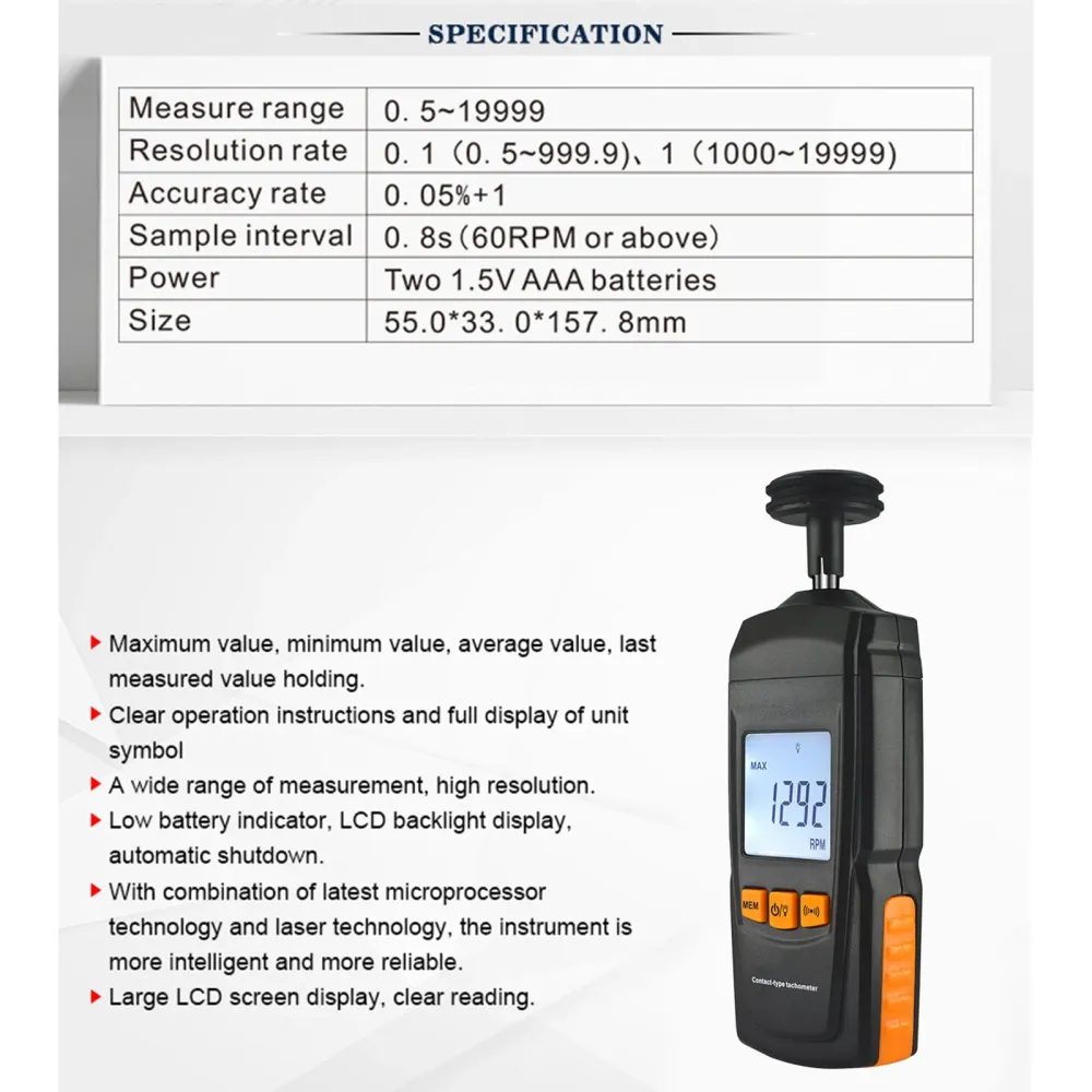 GM8906 Bärbar digital kontaktmotor TACHMOTER LCD Hastighetsmätare Tach RPM -testare