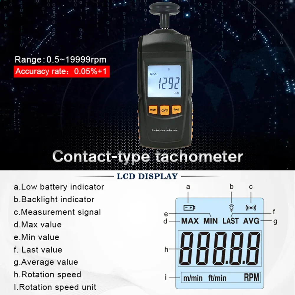 GM8906 Bärbar digital kontaktmotor TACHMOTER LCD Hastighetsmätare Tach RPM -testare