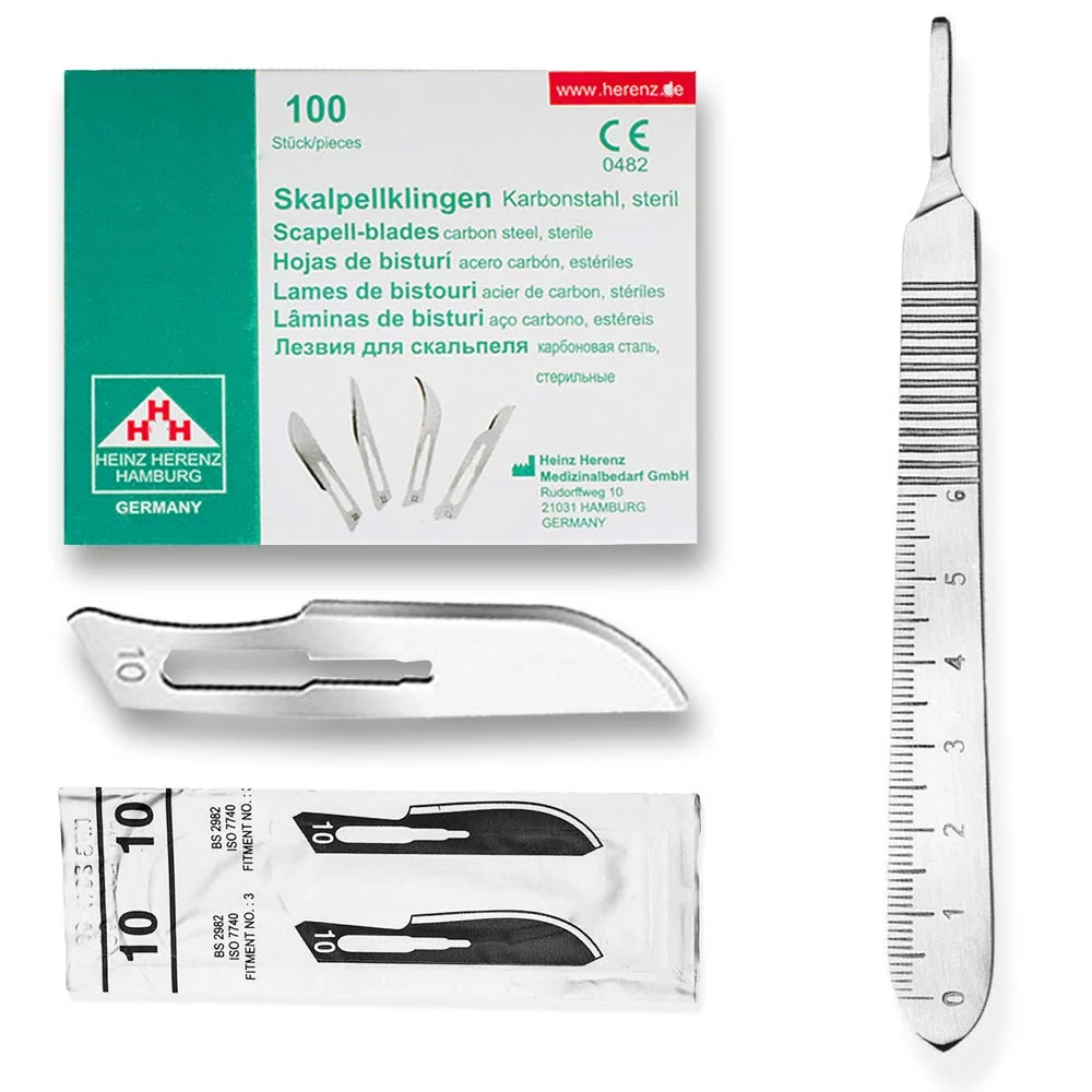 Set - 100 stycken skalpellsblad figur 10 av kolstål - reservblad individuellt sterilt förpackade + 1 x May - skalpellskaft...