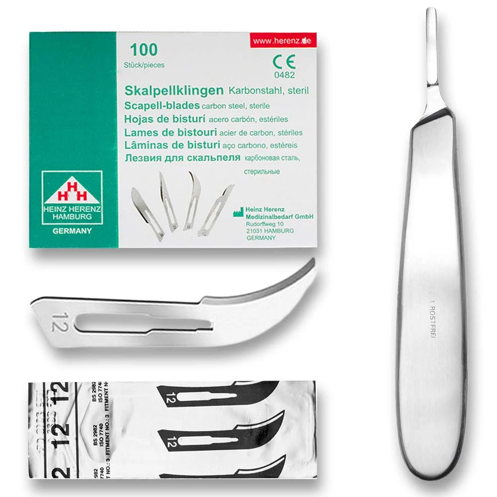 Set - 100 stycken skalpellsblad figur 12 av kolstål - reservblad individuellt sterilt förpackade + 1 x May - skalpellskaft...