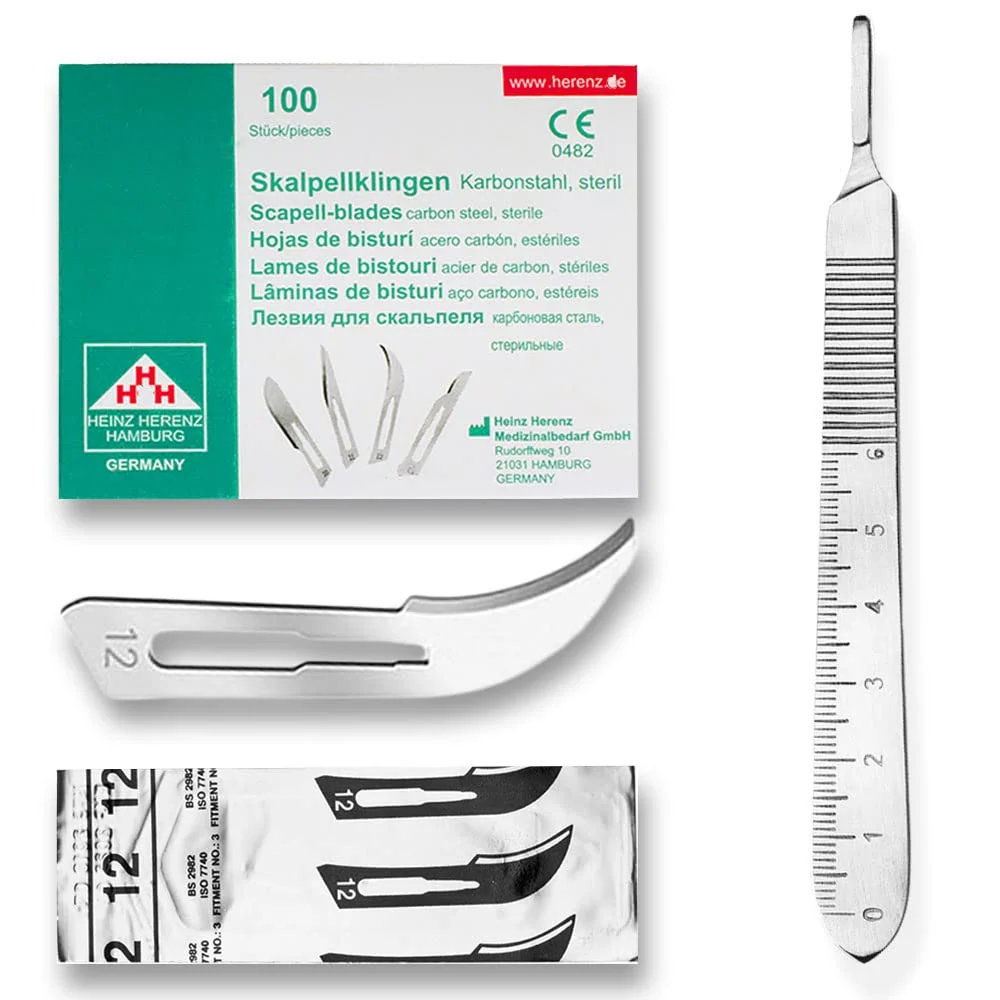 Set - 100 stycken skalpellsblad figur 12 av kolstål - reservblad individuellt sterilt förpackade + 1 x May - skalpellhålla...