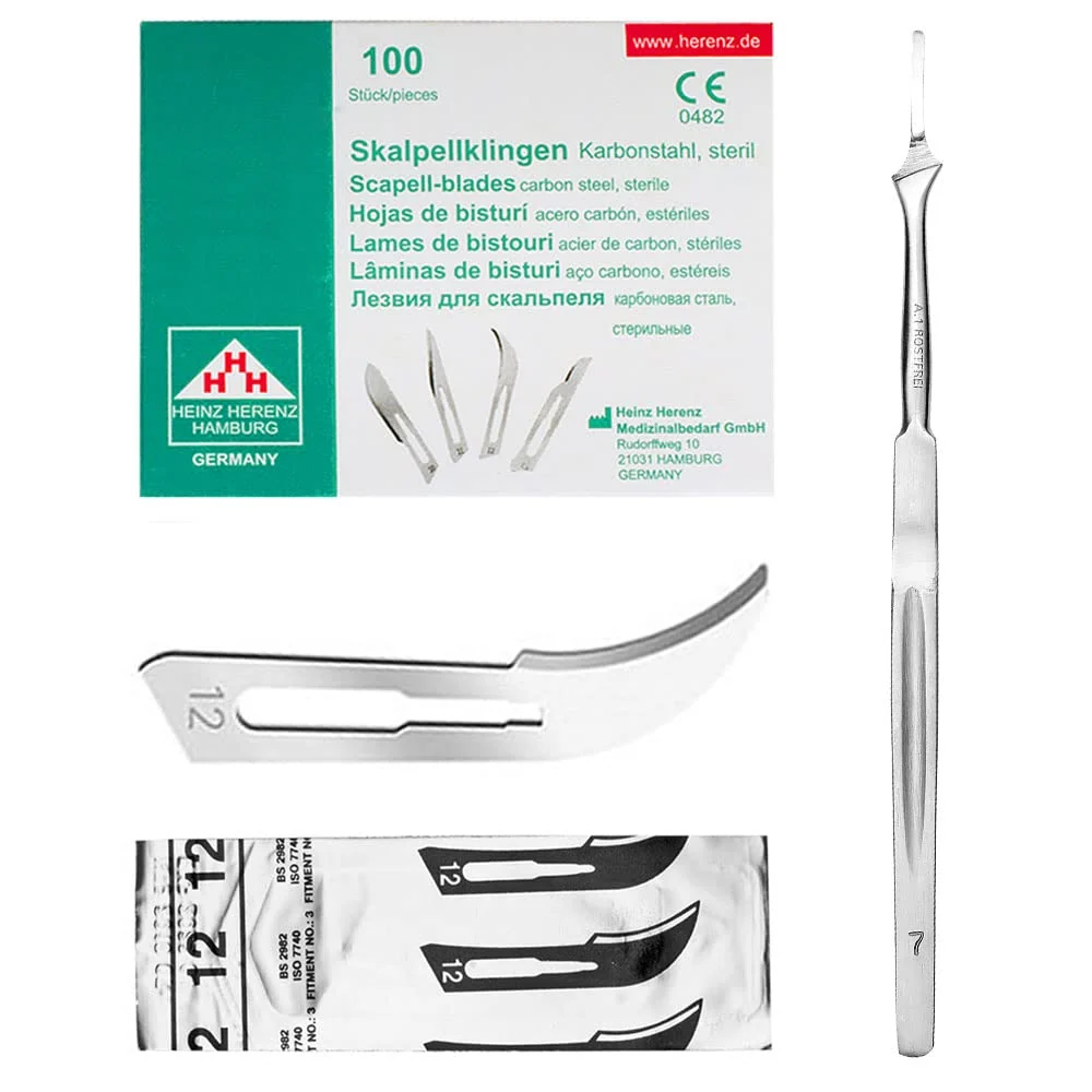 Set - 100 stycken skalpellsblad figur 12 av kolstål - reservblad individuellt sterilt förpackade + 1 x May - skalpellhålla...