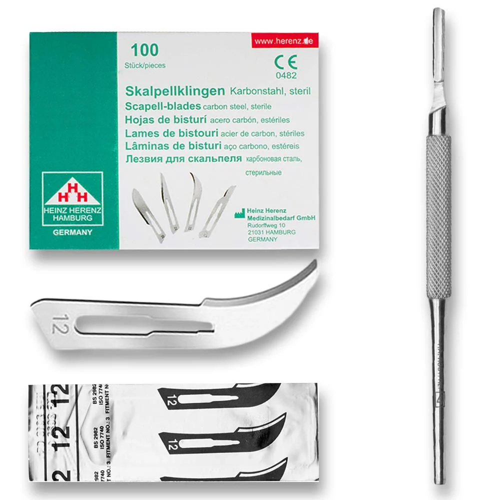 Set - 100 stycken skalpellsblad figur 12 av kolstål - reservblad individuellt sterilt förpackade + 1 x May - skalpellhålla...