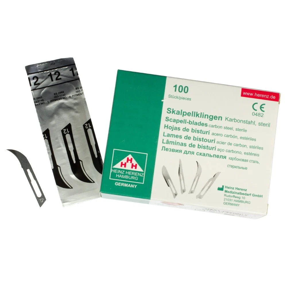 Set - 100 stycken skalpellsblad figur 12 av kolstål - reservblad individuellt sterilt förpackade + 1 x May - skalpellhålla...