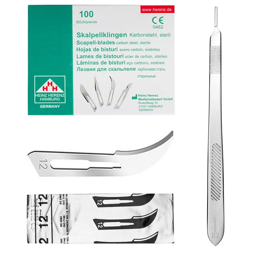 Set - 100 stycken skalpellsblad figur 12 av kolstål - reservblad individuellt sterilt förpackade + 1 x May - skalpellhålla...