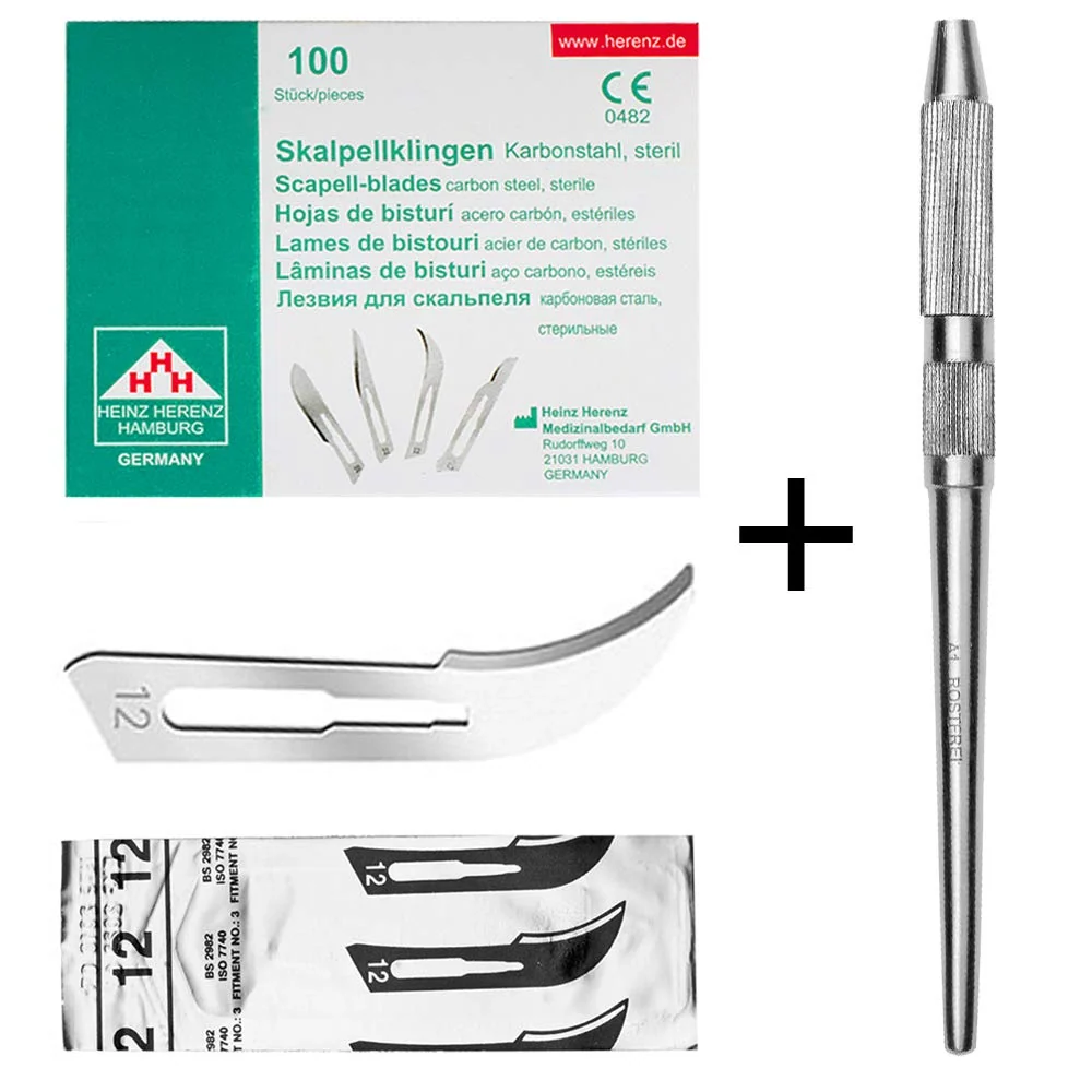 Set - 100 stycken skalpellsblad figur 12 av kolstål - reservblad individuellt sterilt förpackade + 1 x May - universell sk...