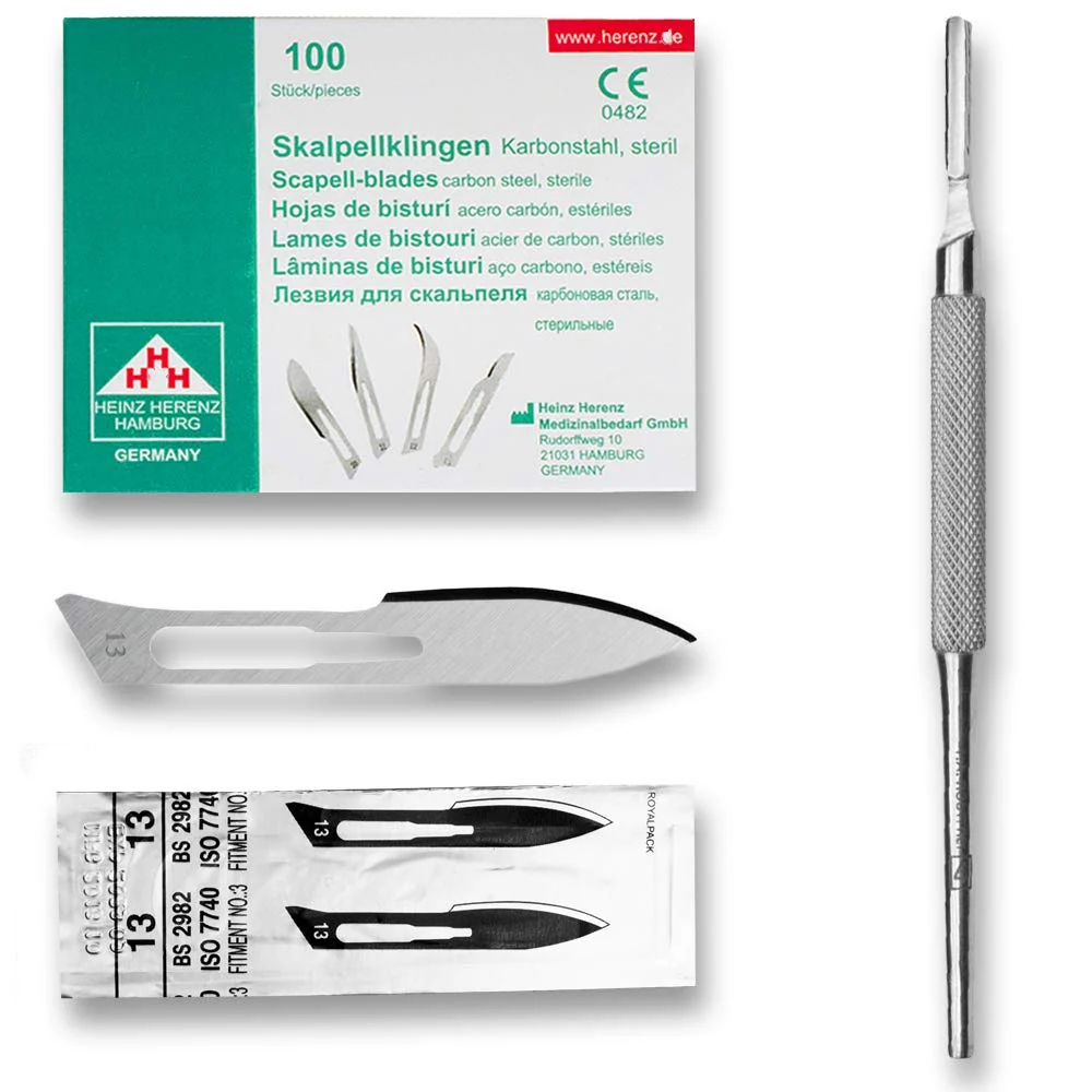 Set - 100 stycken skalpellsblad figur 13 av kolstål - reservblad individuellt sterilt förpackade + 1 x May - skalpellhålla...