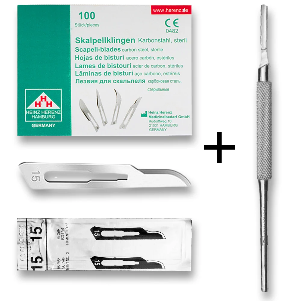 Set - 100 stycken skalpellsblad figur 15 av kolstål - reservblad individuellt sterilt förpackade + 1 x May - skalpellhålla...