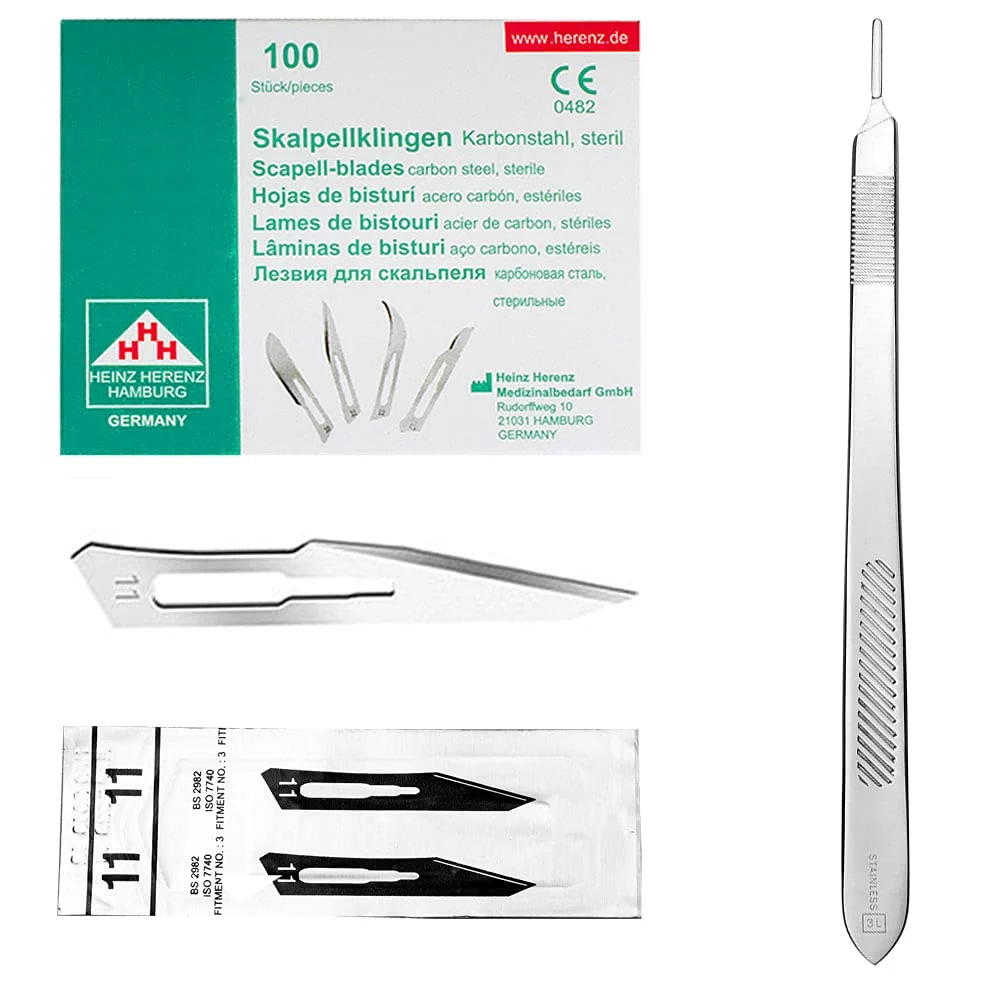 Set - 100 stycken skalpellsblad figur 11 av kolstål - reservblad individuellt sterilt förpackade + 1 x May - skalpellhålla...