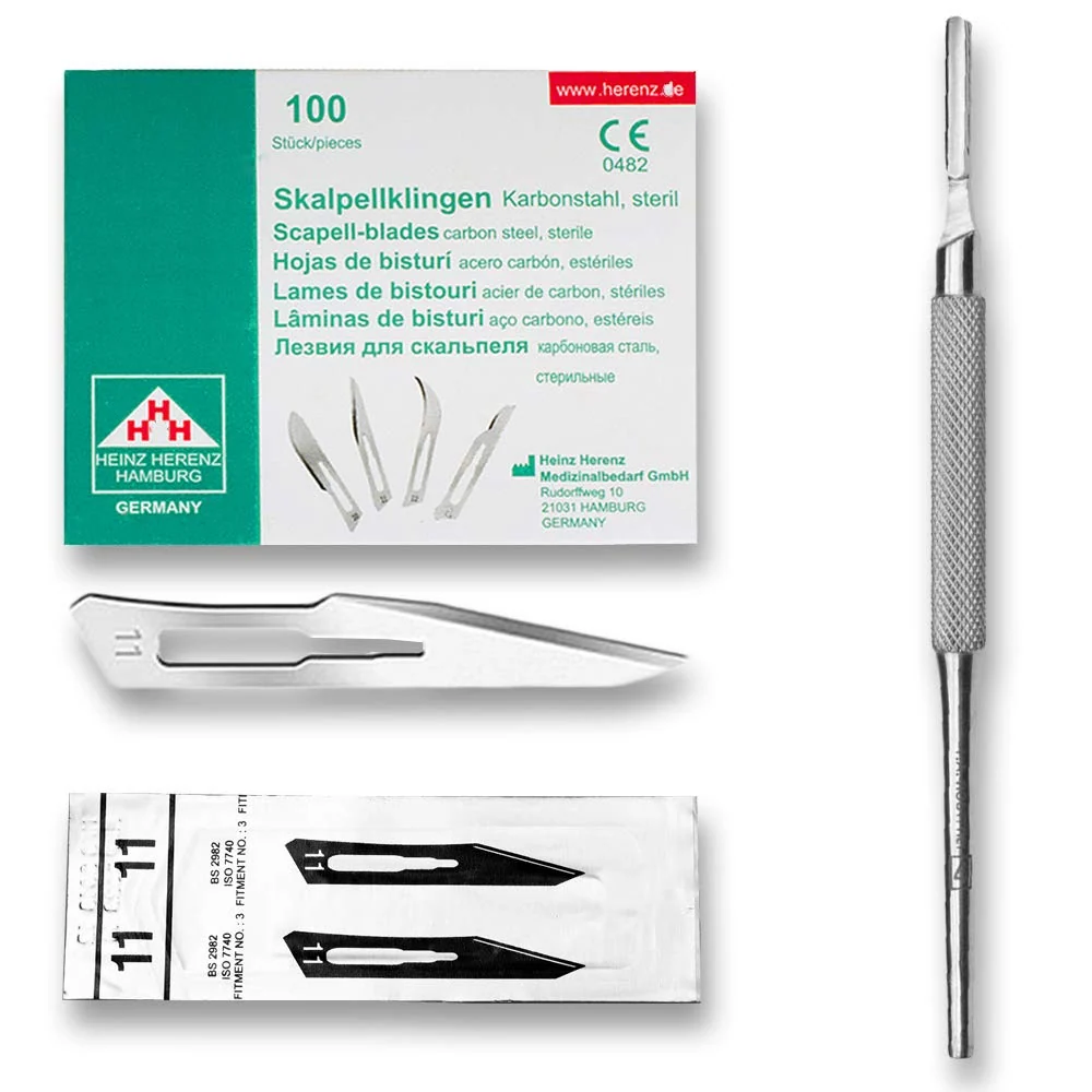Set - 100 stycken skalpellsblad figur 11 av kolstål - reservblad individuellt sterilt förpackade + 1 x May - skalpellhålla...