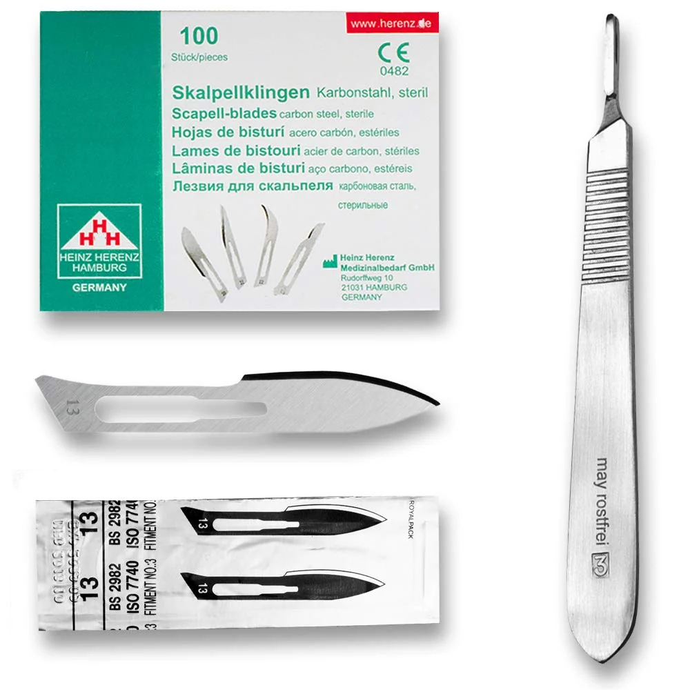 Set - 100 stycken skalpellsblad figur 13 - reservblad individuellt sterilt förpackade + 1 x skalpellhållare