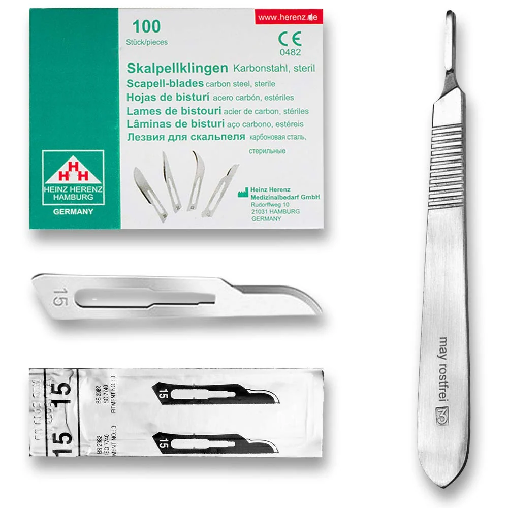 Set - 100 stycken skalpellsblad figur 15 - reservblad individuellt sterilt förpackade + 1 x skalpellhållare