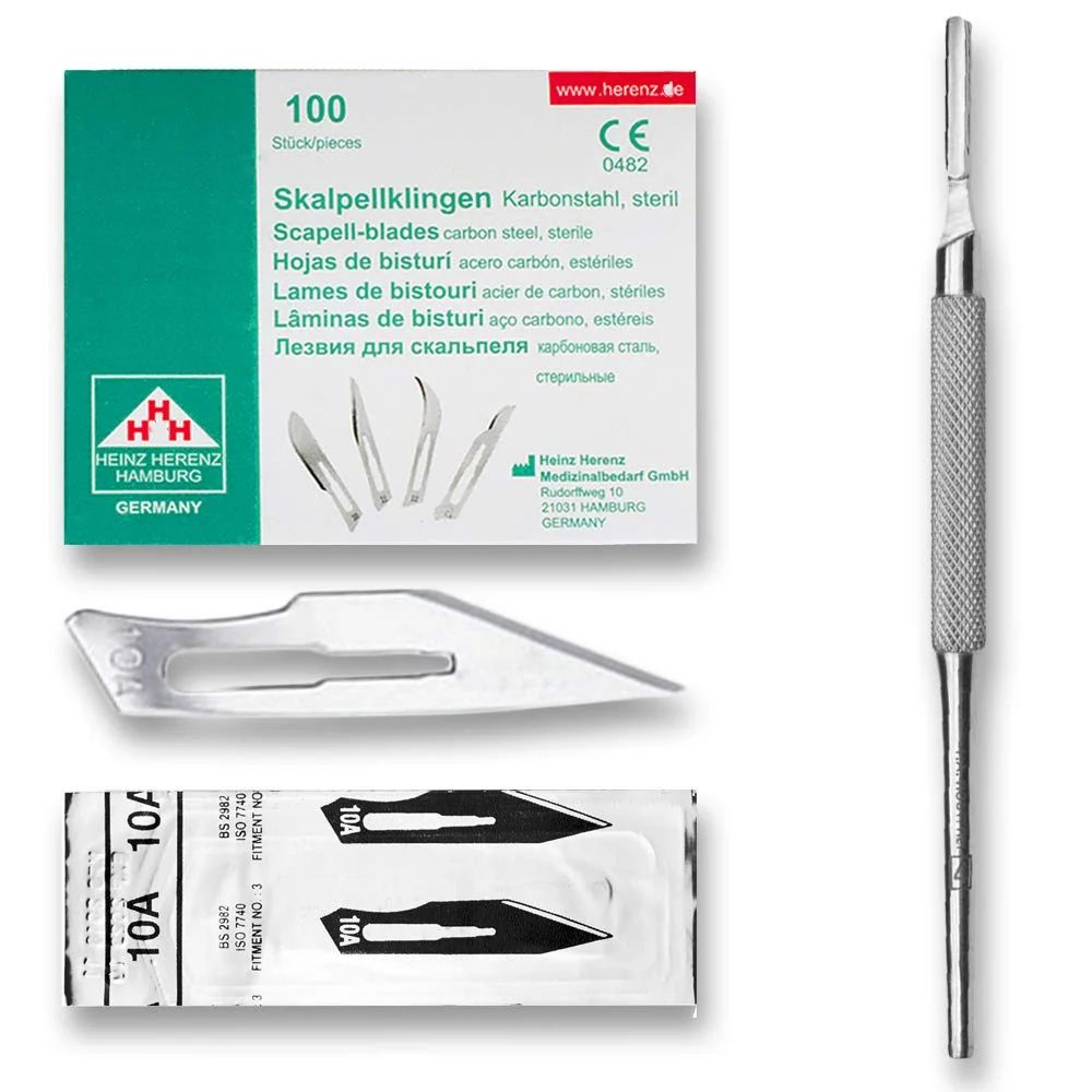 Set - 100 stycken skalpellsblad form 10A av kolstål - reservblad individuellt sterilt förpackade + 1 x May - skalpellhålla...