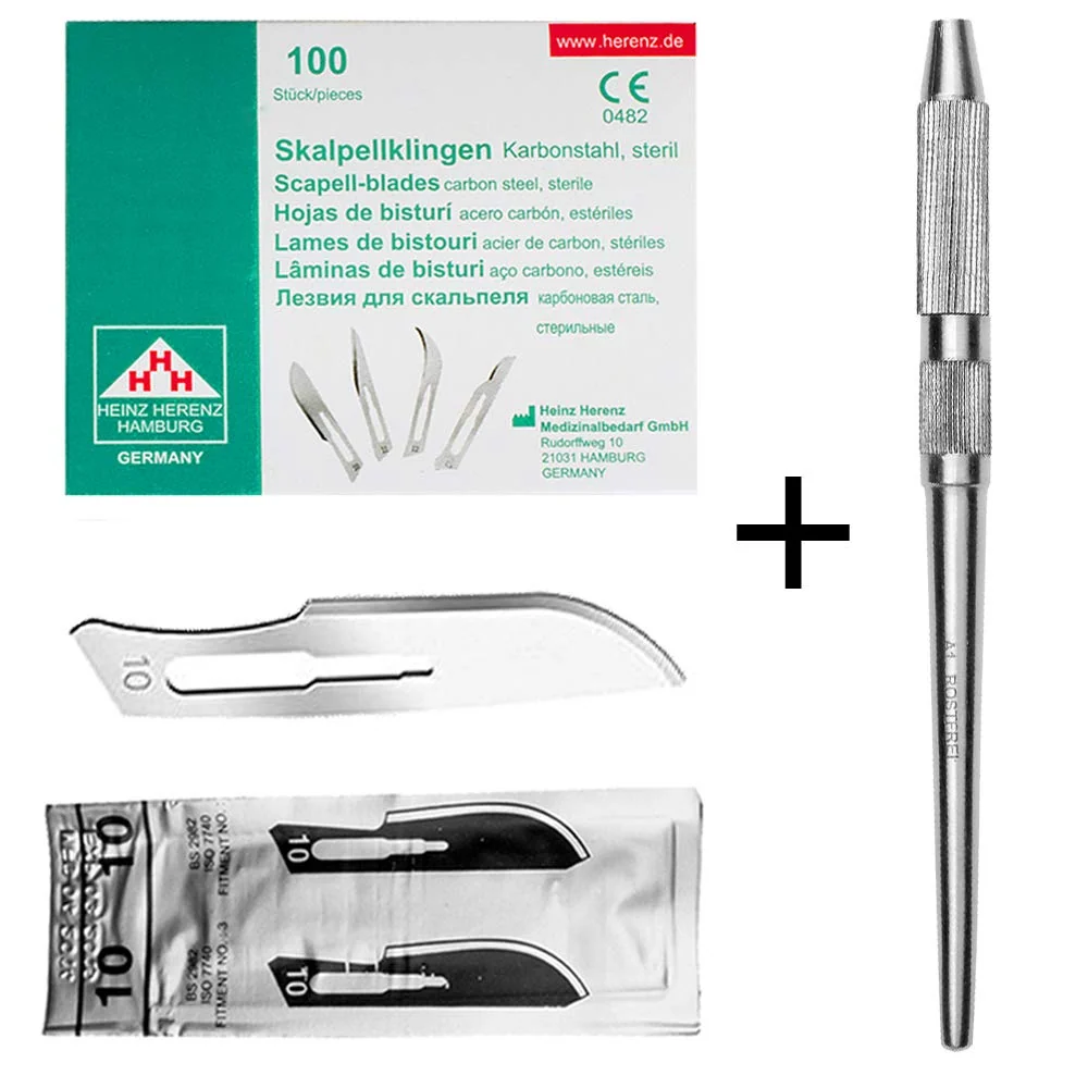 Set - 100 stycken skalpellsblad form 10 av kolstål - reservblad individuellt sterilt förpackade + 1 x May - universell ska...