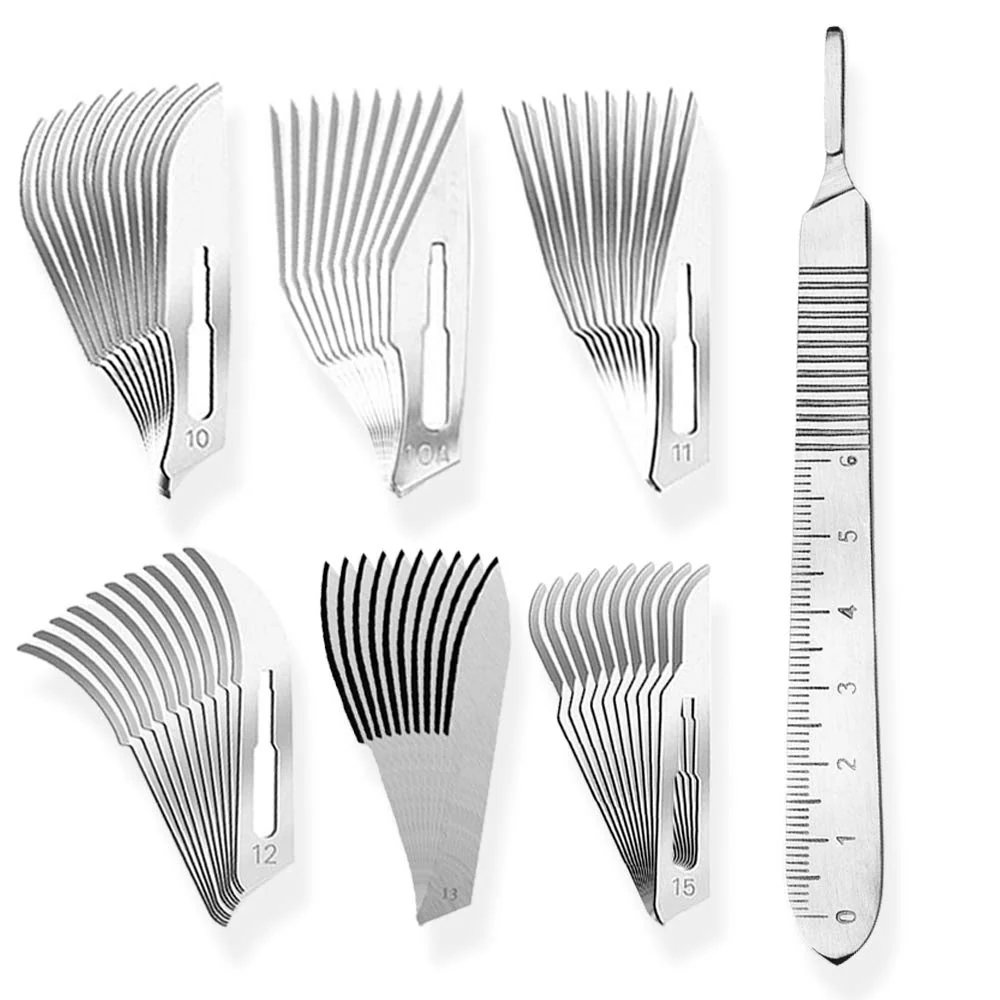 Set bestående av blandning av 10 stycken skalpellsblad figur 3 i 6 olika utföranden + 1 x May - skalpellhållare 13 cm lång...