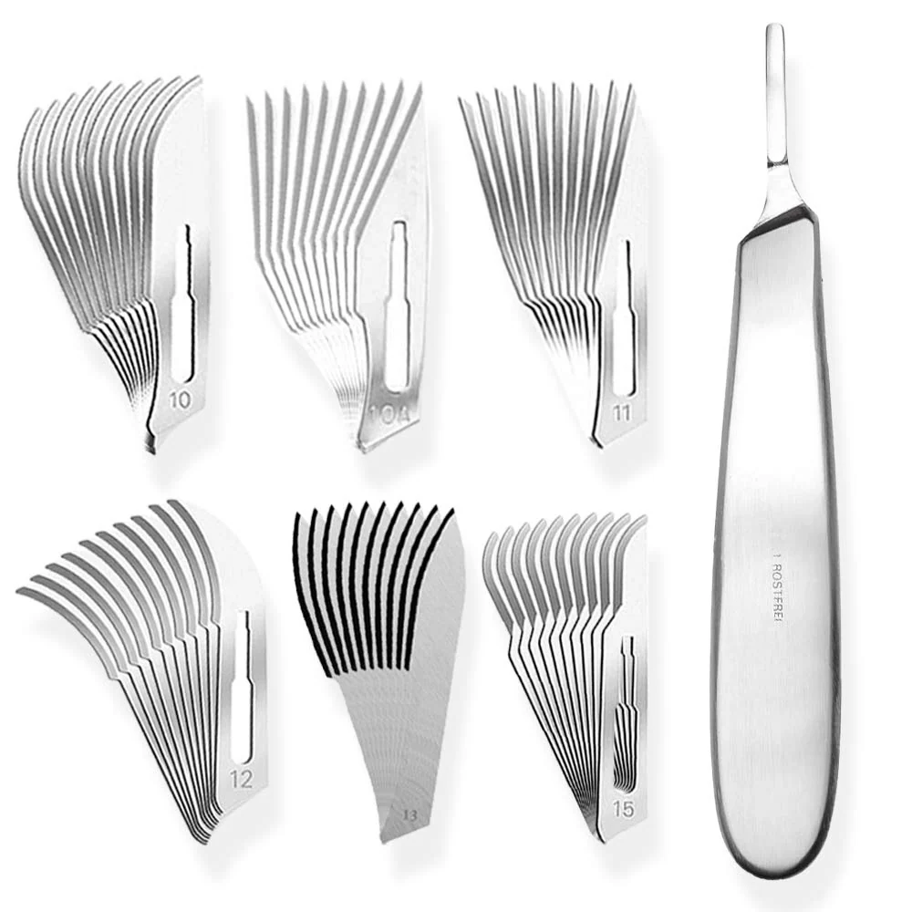 Set bestående av blandning av 10 stycken skalpellsblad figur 3 i 6 olika utföranden + 1 x May - skalpellhållare 13,5 cm lå...