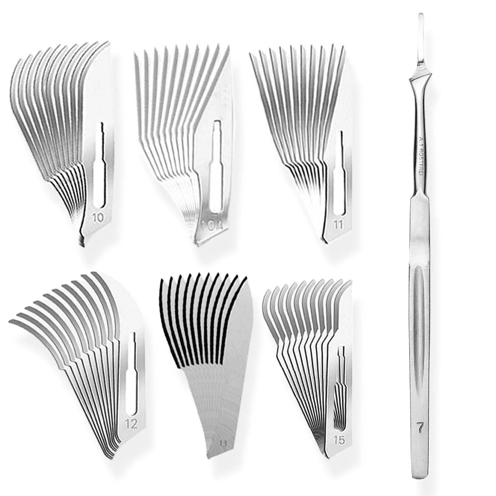 Set bestående av blandning av 10 stycken skalpellsblad figur 3 i 6 olika utföranden + 1 x May - skalpellhållare 16 cm lång...