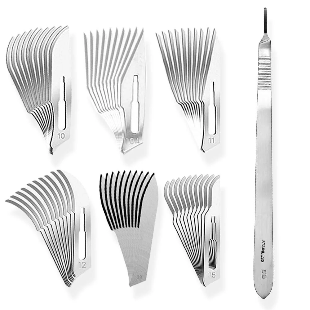 Set bestående av blandning av 10 stycken skalpellsblad figur 3 i 6 olika utföranden + 1 x May - skalpellhållare böjd 20 cm...