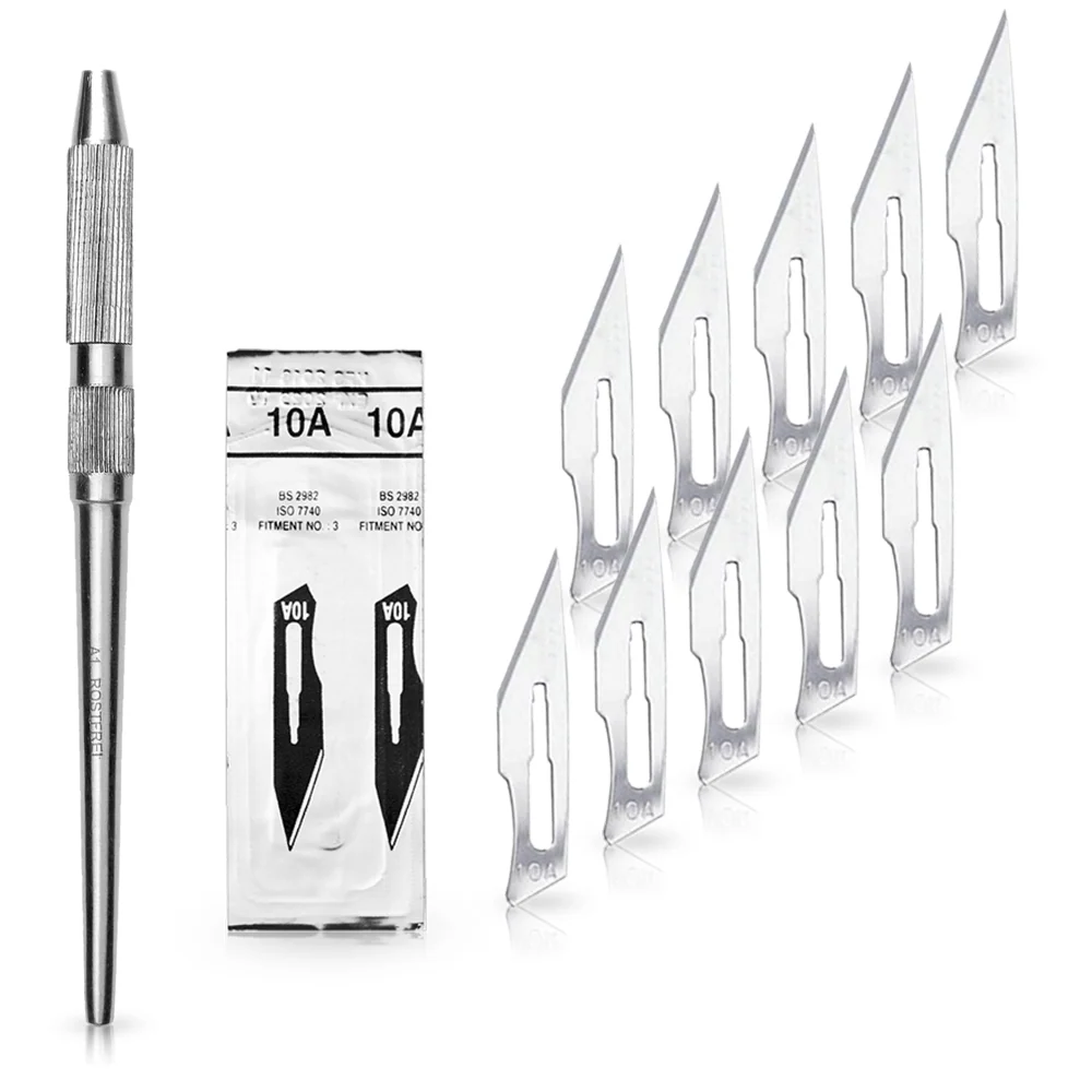 Set - 10 stycken skalpellblad figur 10A av kolstål - reservblad individuellt sterilt förpackade + 1 x May - universell ska...