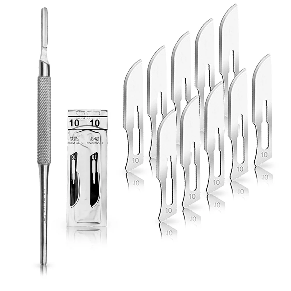 Set - 10 stycken skalpellblad figur 10 av kolstål - reservblad individuellt sterilt förpackade + 1 x May - skalpellhållare...