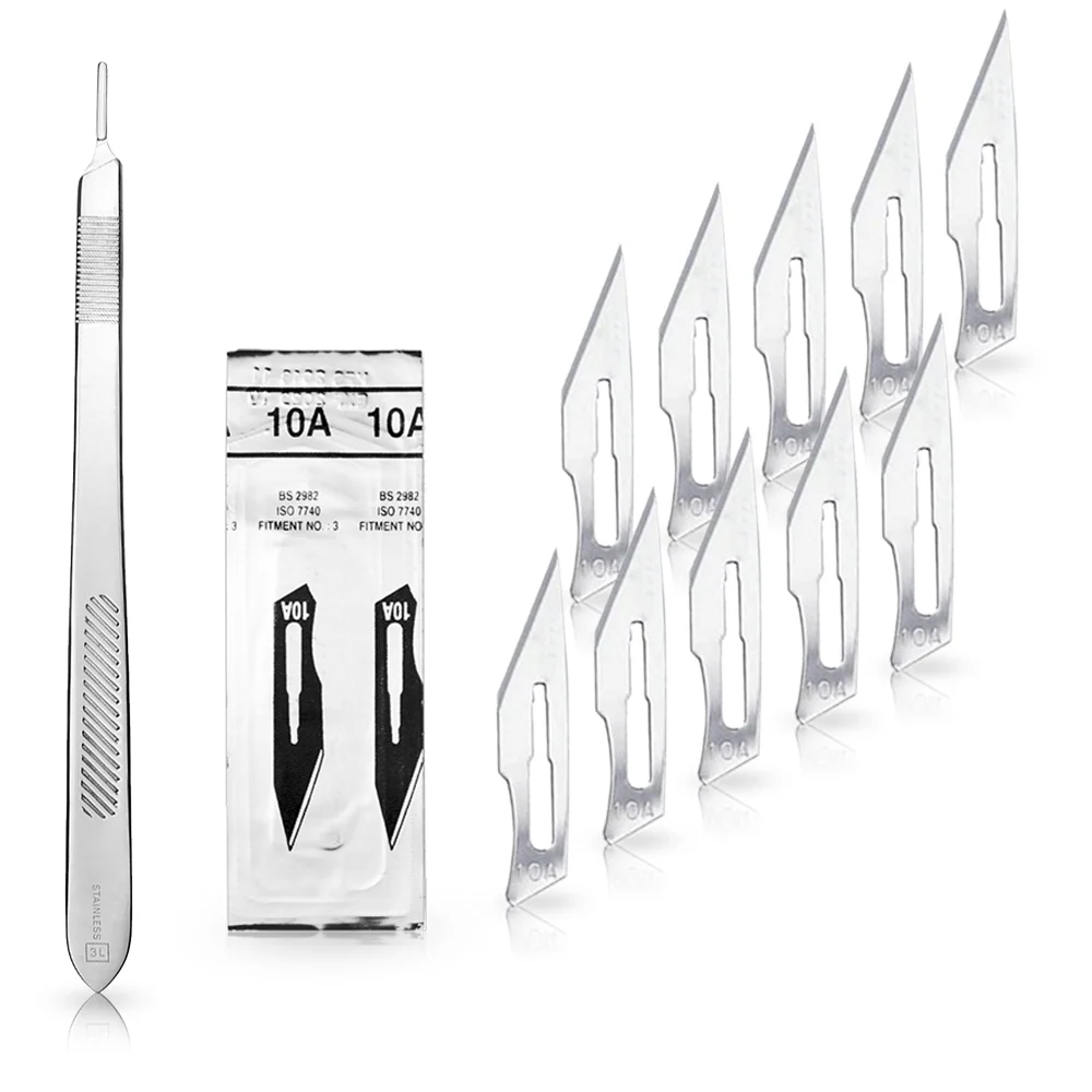 Set - 10 stycken skalpellsblad figur 10A av kolstål - reservblad individuellt sterilt förpackade + 1 x May - skalpellhålla...