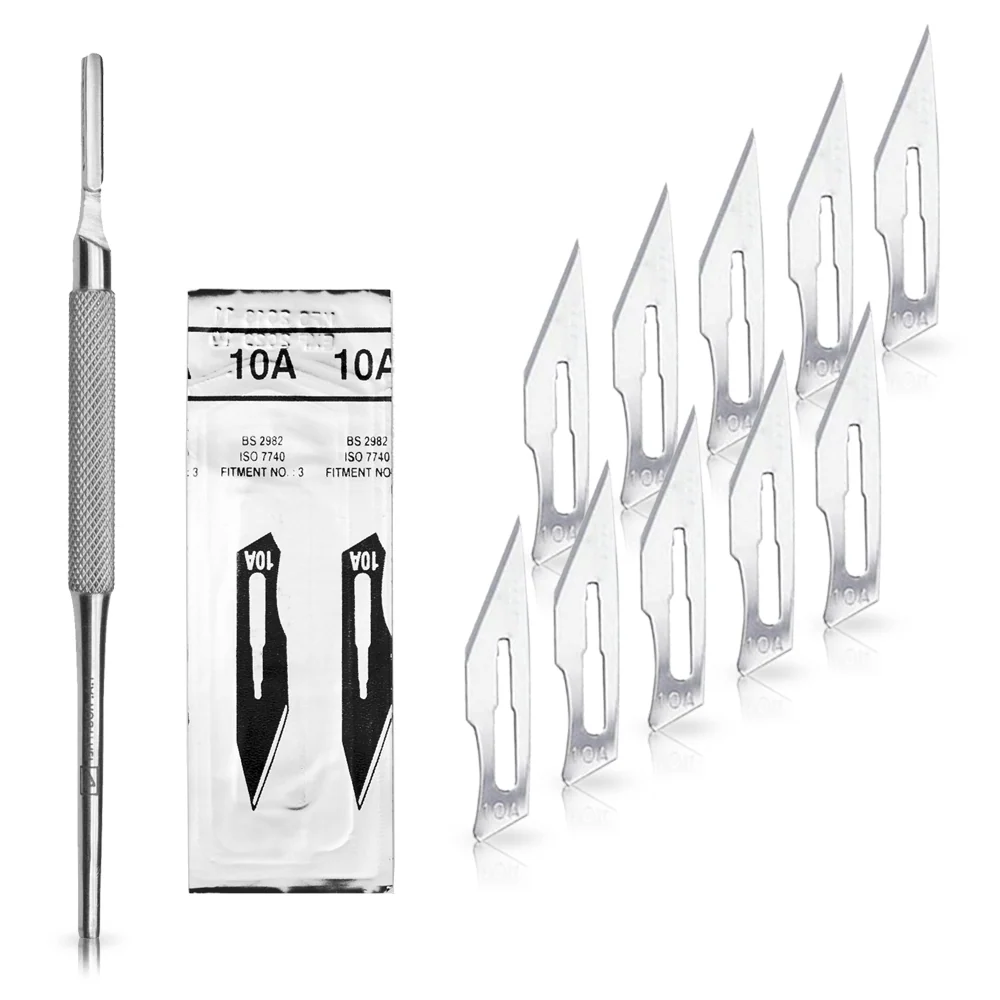 Set - 10 stycken skalpellsblad figur 10A av kolstål - reservblad individuellt sterilt förpackade + 1 x May - skalpellhålla...