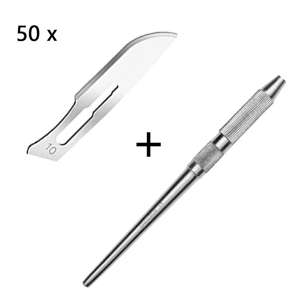 Set - 50 stycken skalpellsblad figur 10 av kolstål - reservblad individuellt sterilt förpackade + 1 x May - universell ska...