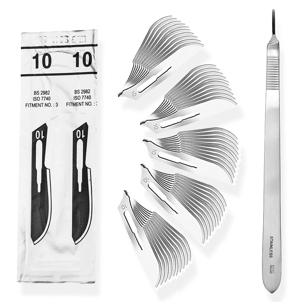 Set - 50 stycken skalpellsblad figur 10 av kolstål - reservblad individuellt sterilt förpackade + 1 x May - skalpellhållar...