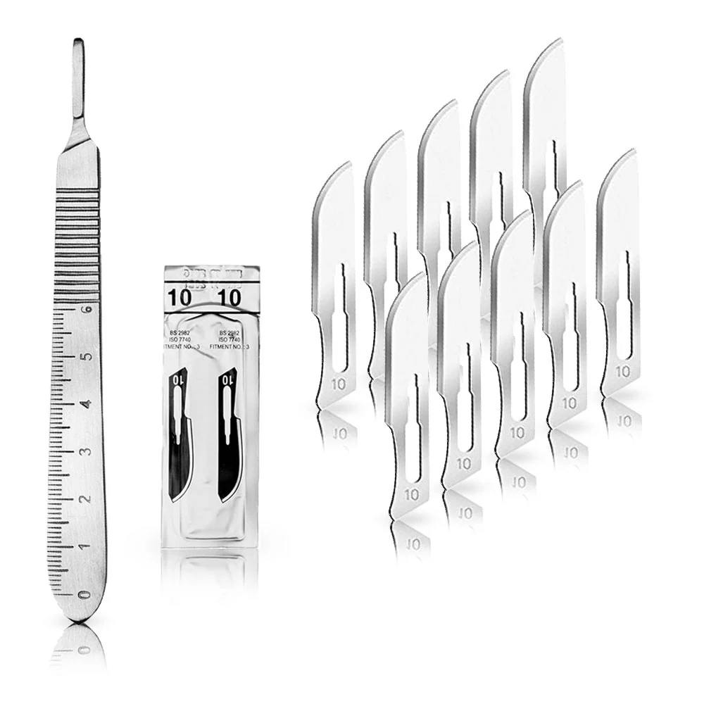 Set - 10 stycken skalpellsblad figur 10 av kolstål - reservblad individuellt sterilt förpackade + 1 x May - skalpellhållar...